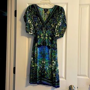 Myth nyc. Size S. V-neck batwing dress. Cream, green, blues, and black.